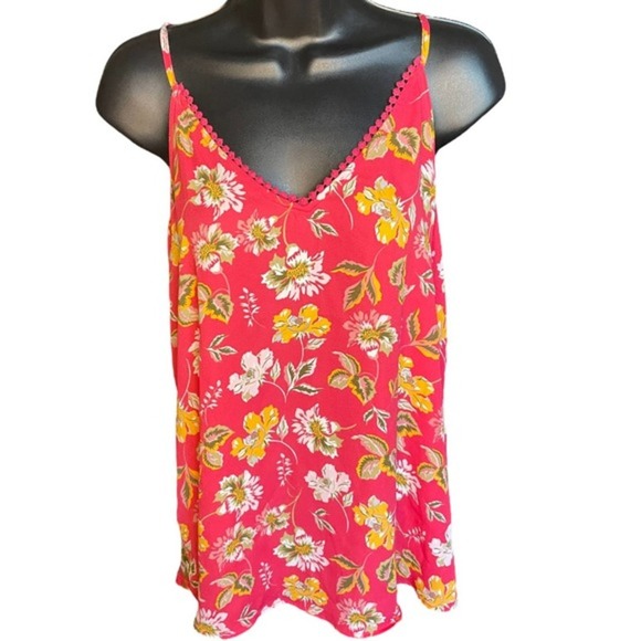 Loft Red Tropical Floral Pom Pom Tank Size M - Picture 1 of 7